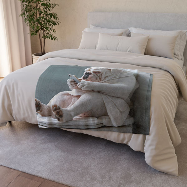 Side View of a Big Bulldog Slumped on the Open — Plush Fleece Throw Blanket — Drape over Sofa & Bed Lifestyle View