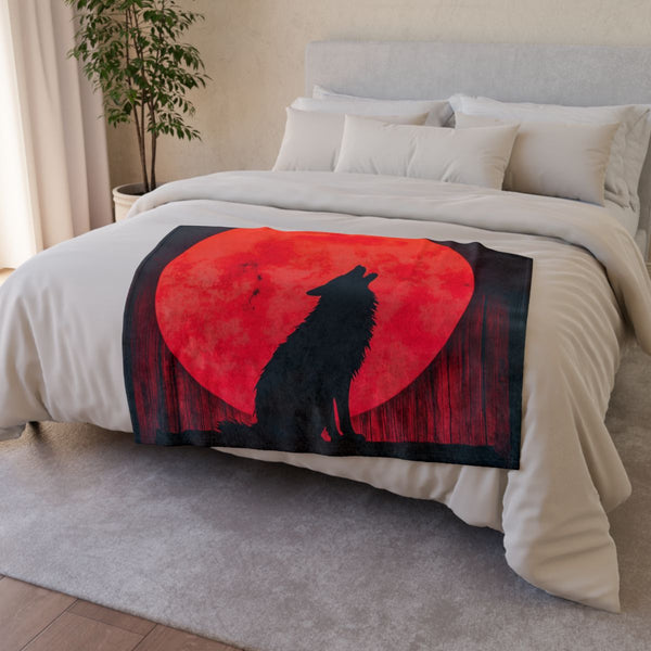 Silhouette of a Wolf Howling at a Neon Moon (Edition II) — Plush Fleece Throw Blanket — Drape over Sofa & Bed Lifestyle View