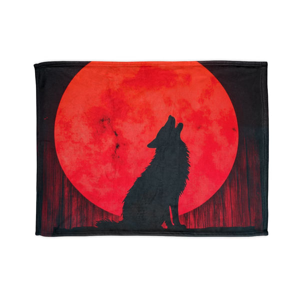 Silhouette of a Wolf Howling at a Neon Moon (Edition II) — Plush Fleece Throw Blanket — Full Spread Plush Fleece Artwork View