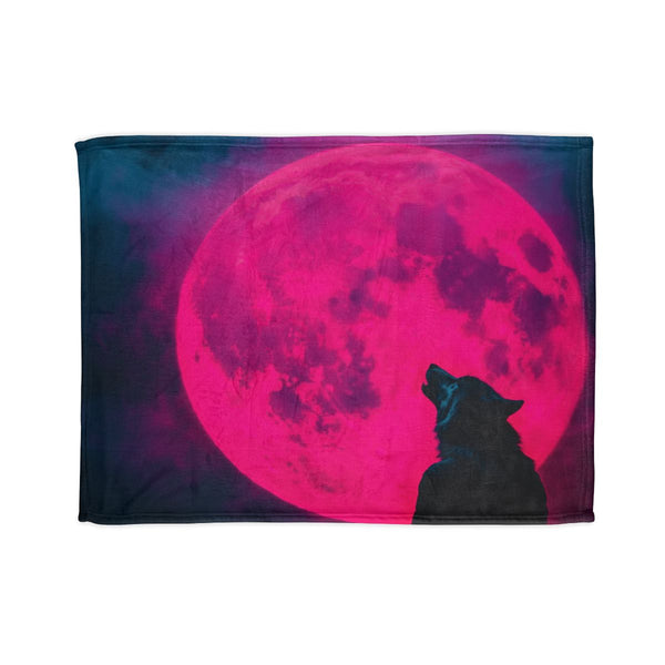 Silhouette of a Wolf Howling at a Neon Moon — Plush Fleece Throw Blanket — Full Spread Plush Fleece Artwork View