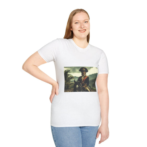 Simon Bolivar on Horseback in Revolution — Graphic Cotton T-Shirt — Model Streetwear Fit View