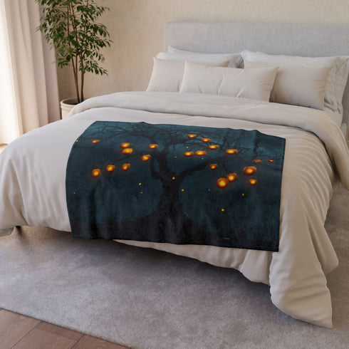 Skeleton Tree Bearing Glowing Fruit — Plush Fleece Throw Blanket — Drape over Sofa & Bed Lifestyle View