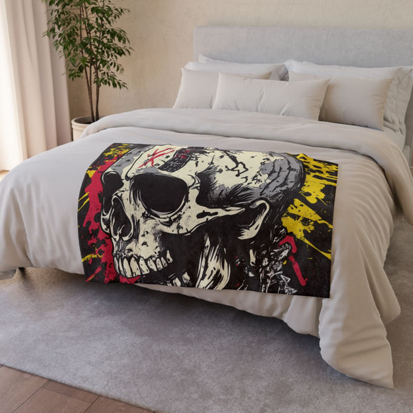 Punk Rock Neon Mohawk Skull — Plush Fleece Throw Blanket — Draped Over Sofa & Bed Lifestyle View