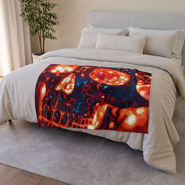 Skull Made of Glowing Circuit Boards (Edition III) — Plush Fleece Throw Blanket — Drape over Sofa & Bed Lifestyle View