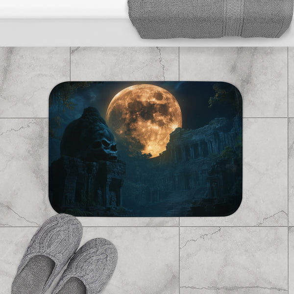 Skull Shaped Moon Over Jungle Ruins — Memory Foam Bath Mat — Modern Bathroom Floor Lifestyle View