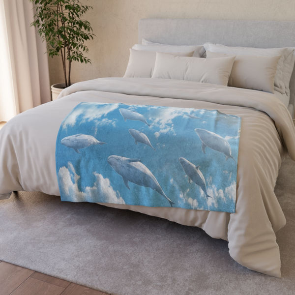 Sky Full of Floating Whales — 50×60 Plush Throw Blanket — Draped Over Sofa & Bed Lifestyle View