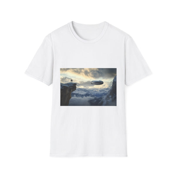 Sky Ship Tethered to Mountaintop Graphic Unisex Softstyle T-Shirt - Front View