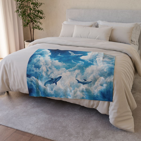 Sky Whales Grazing on Clouds — Plush Fleece Throw Blanket — Draped Over Sofa & Bed Lifestyle View