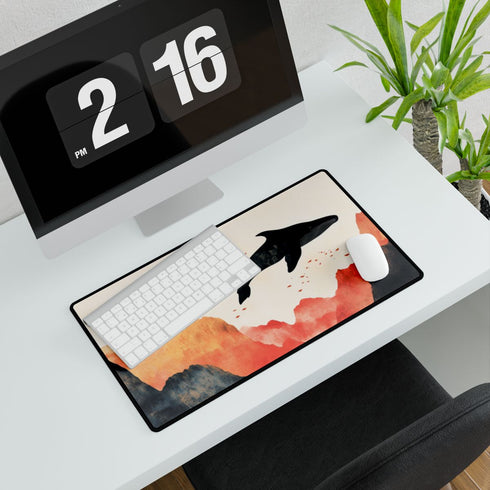 Sky Whales Swimming Through Mountains — XL & XXL Desk Mat — Gaming & Workspace Desk Setup View