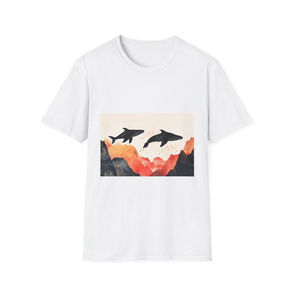 Sky Whales Swimming Through Mountains — Graphic Cotton T-Shirt — Front Graphic Print View