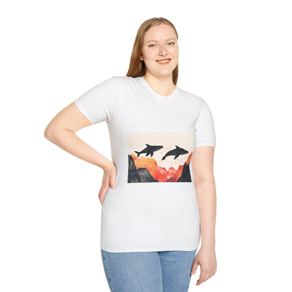 Sky Whales Swimming Through Mountains — Graphic Cotton T-Shirt — Model Streetwear Fit View