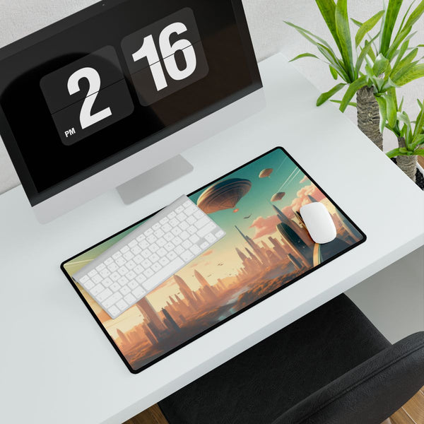 Futuristic Metropolis Skyline with Flying Cars — XXL Gaming Desk Mat — Gaming & Workspace Desk Setup View