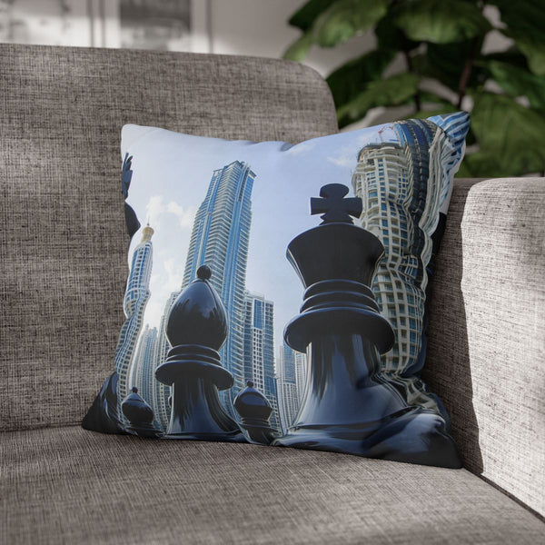 Skyscrapers Shaped Like Chess Pieces (Edition III) — Double-Sided Cushion Cover — Sofa & Armchair Living Room Lifestyle View