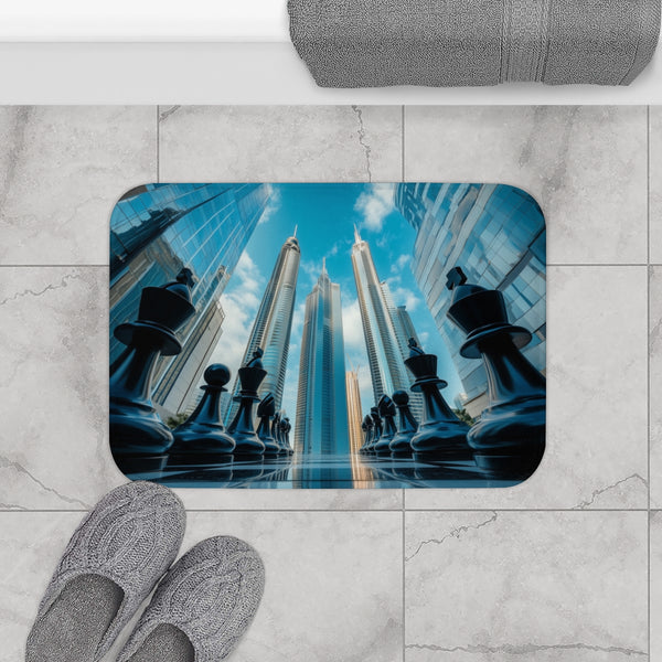 Skyscrapers Shaped Like Chess Pieces (Edition VI) — Memory Foam Bath Mat — Modern Bathroom Floor Lifestyle View