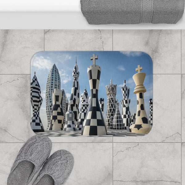 Skyscrapers Shaped Like Chess Pieces (Edition VII) — Memory Foam Bath Mat — Modern Bathroom Floor Lifestyle View