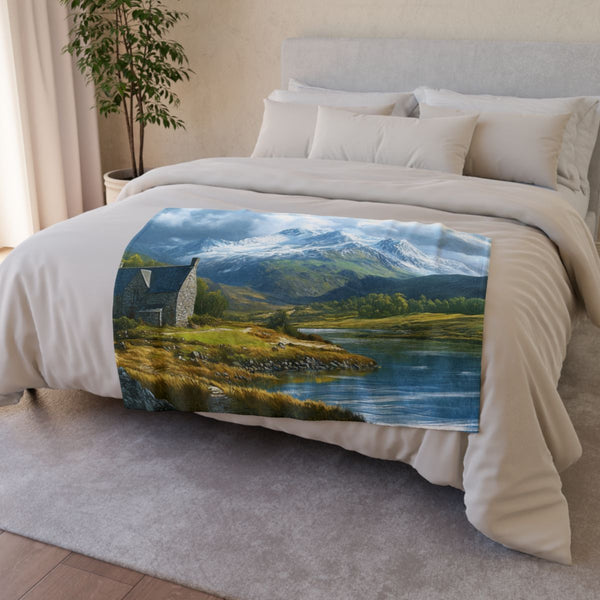 Snowdon Wales Painting (Edition XVII) — Plush Fleece Throw Blanket — Drape over Sofa & Bed Lifestyle View