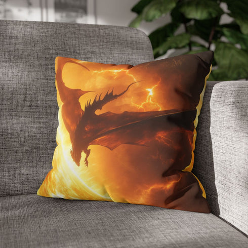Solar Dragon Flying Between Suns — Faux Suede Cushion Cover — Sofa & Living Room Lifestyle View