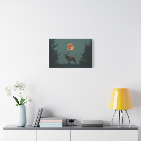 Solar Stag Standing under Twin Moons — Stretched Canvas Wall Art — Living Room Wall Lifestyle View