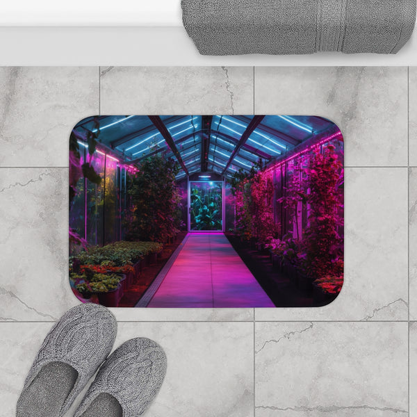 Space Garden in Glowing Greenhouse — Memory Foam Bath Mat — Modern Bathroom Floor Lifestyle View