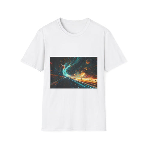 Space Highway with Comet Traffic Graphic Unisex Softstyle T-Shirt - Front View