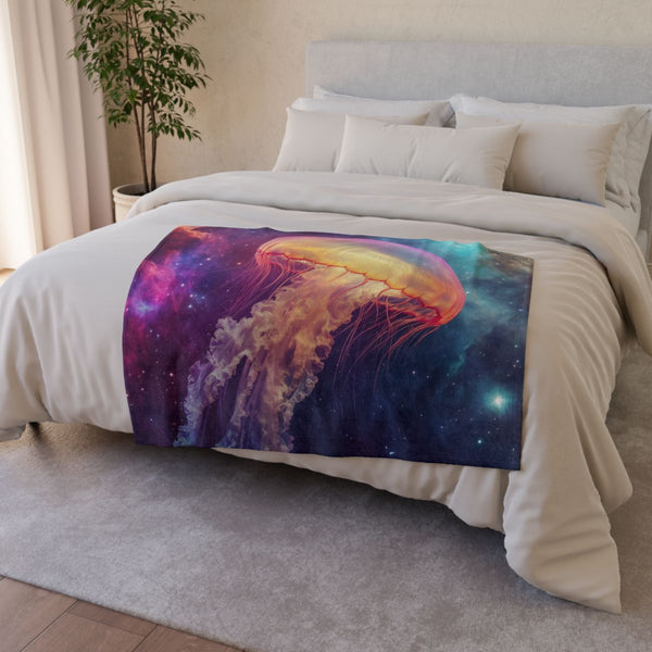 Space Jellyfish Swimming Through Nebula — Plush Fleece Throw Blanket — Drape over Sofa & Bed Lifestyle View