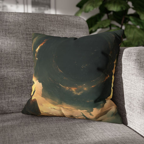 Space Monk Chanting Inside Black Hole — 40×40 Cushion Cover — Sofa & Living Room Lifestyle View