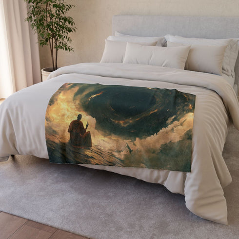 Space Monk Chanting Inside Black Hole — Plush Fleece Throw Blanket — Draped Over Sofa & Bed Lifestyle View