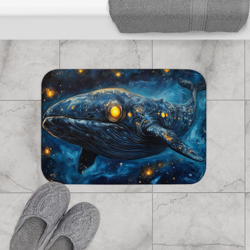 Space Whale with Lantern Eyes (Edition III) — 61×43 Memory Foam Bath Mat — Modern Bathroom Floor Lifestyle View