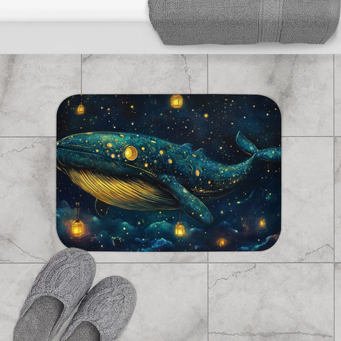 Space Whale with Lantern Eyes — 61×43 Memory Foam Bath Mat — Modern Bathroom Floor Lifestyle View