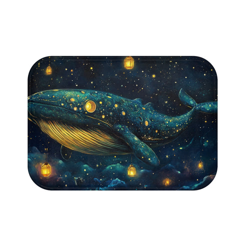 Space Whale with Lantern Eyes — 61×43 Memory Foam Bath Mat — Top-Down Velvet Microfibre Artwork View