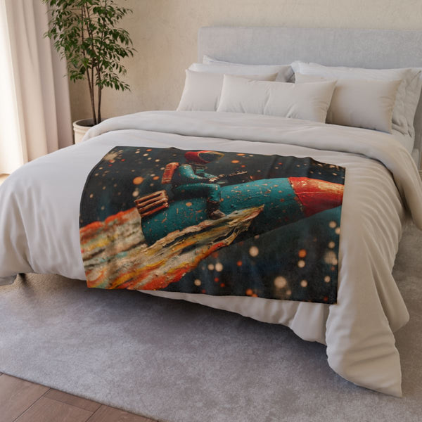 Spaceman Riding a Comet (Edition III) — Plush Fleece Throw Blanket — Drape over Sofa & Bed Lifestyle View