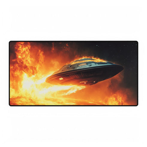 Spaceship Leaving Burning Planet — XXL Gaming Desk Mat — Full Top-Down Artwork View