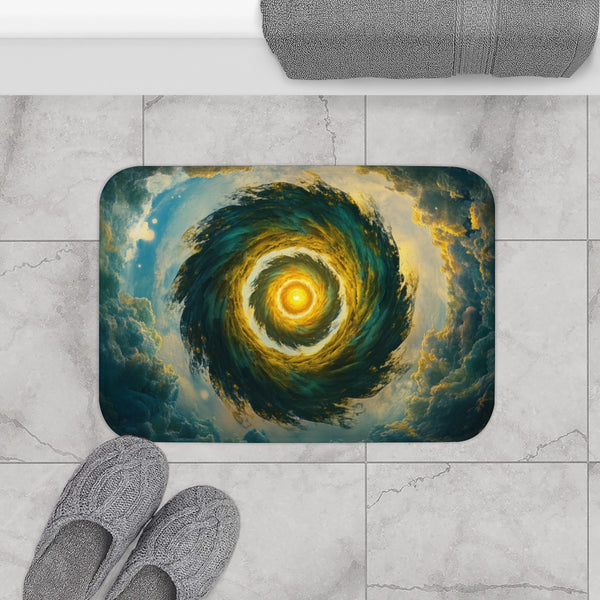 Spiral Planet Orbiting Fractal Sun (Edition IV) — Memory Foam Bath Mat — Modern Bathroom Floor Lifestyle View