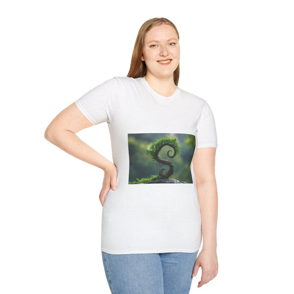 Spiral Tree Growing Upside Down Graphic Unisex Softstyle T-Shirt - Model View