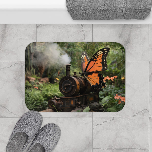 Steam Powered Butterfly Garden (Edition IV) — Memory Foam Bath Mat — Modern Bathroom Floor Lifestyle View