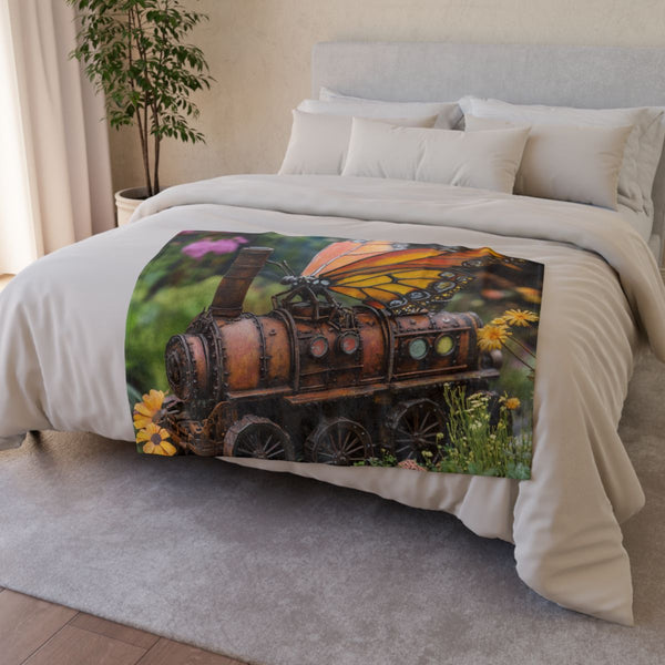 Steam Powered Butterfly Garden — Plush Fleece Throw Blanket — Drape over Sofa & Bed Lifestyle View
