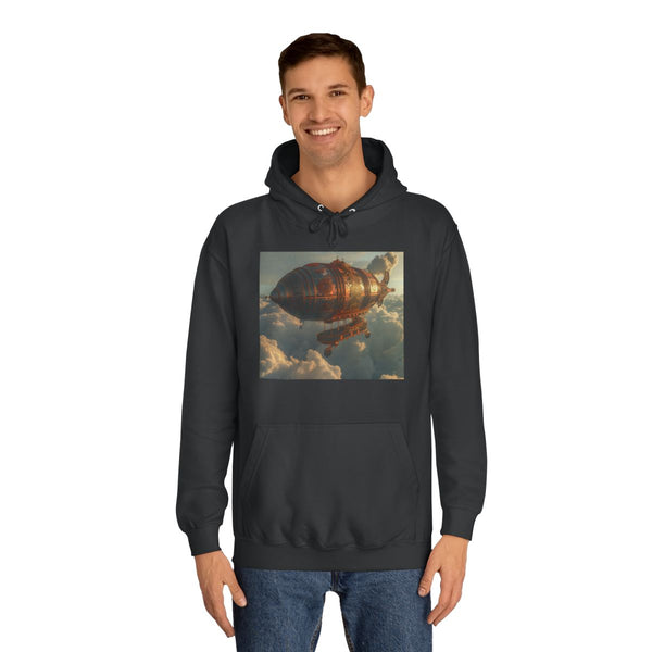 Steampunk Airship in the Sky — Heavyweight Graphic Hoodie — Model Streetwear Fit View
