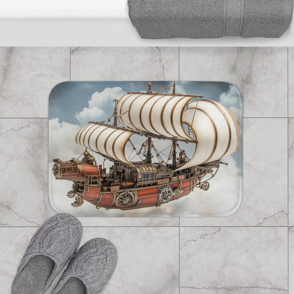 Steampunk Airship Sailing Through Clouds (Edition II) — 61×43 Memory Foam Bath Mat — Modern Bathroom Floor Lifestyle View