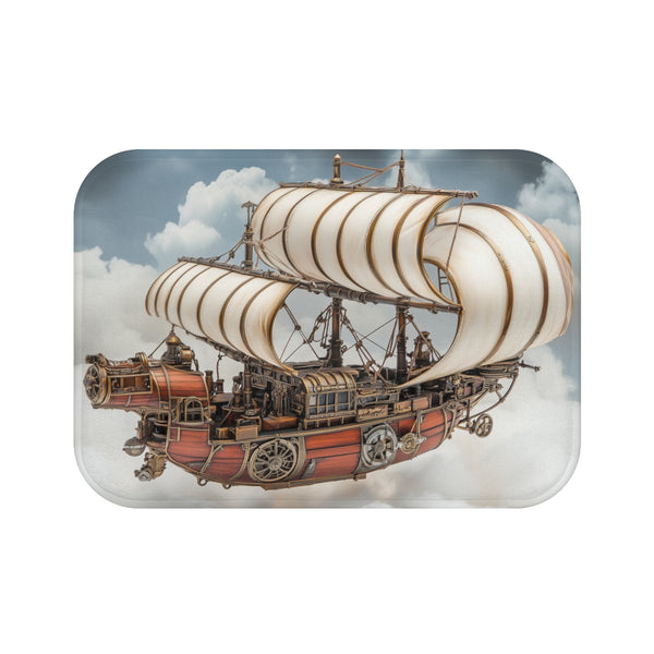 Steampunk Airship Sailing Through Clouds (Edition II) — 61×43 Memory Foam Bath Mat — Top-Down Velvet Microfibre Artwork View