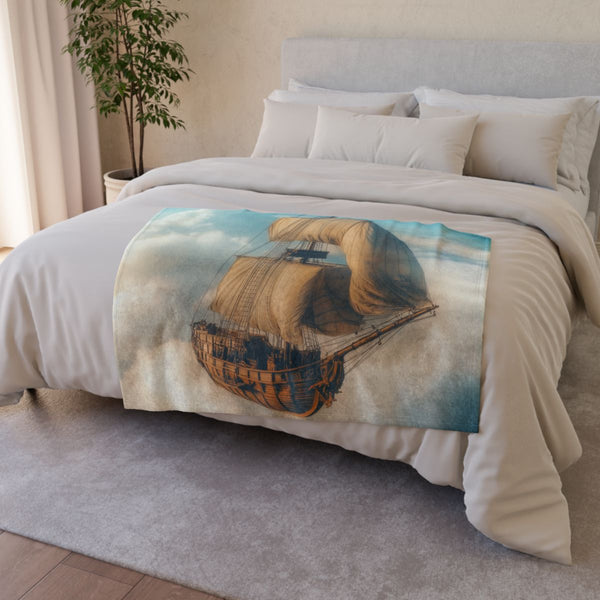 Steampunk Airship Sailing Through Clouds (Edition II) — 50×60 Plush Throw Blanket — Draped Over Sofa & Bed Lifestyle View
