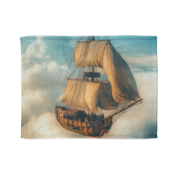 Steampunk Airship Sailing Through Clouds (Edition II) — 50×60 Plush Throw Blanket — Full Spread Plush Fleece Artwork View