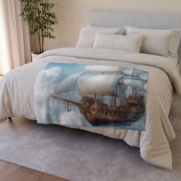 Steampunk Airship Sailing Through Clouds (Edition III) — 50×60 Plush Throw Blanket — Draped Over Sofa & Bed Lifestyle View