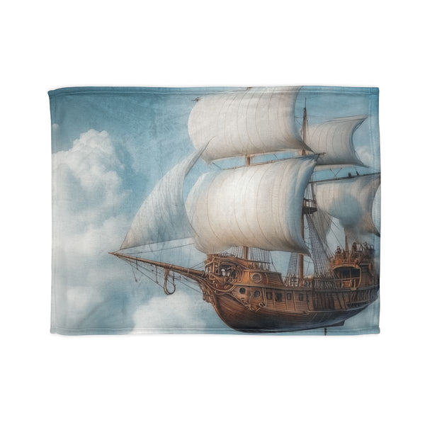 Steampunk Airship Sailing Through Clouds (Edition III) — 50×60 Plush Throw Blanket — Full Spread Plush Fleece Artwork View