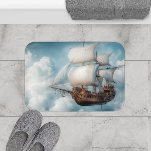 Steampunk Airship Sailing Through Clouds (Edition IV) — 61×43 Memory Foam Bath Mat — Modern Bathroom Floor Lifestyle View