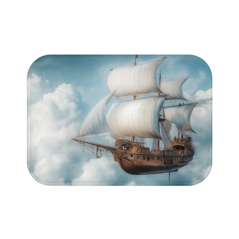 Steampunk Airship Sailing Through Clouds (Edition IV) — 61×43 Memory Foam Bath Mat — Top-Down Velvet Microfibre Artwork View