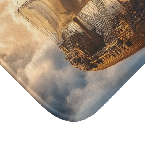 Steampunk Airship Sailing Through Clouds — 61×43 Memory Foam Bath Mat — Cushioned Memory Foam & Microfibre Close-Up