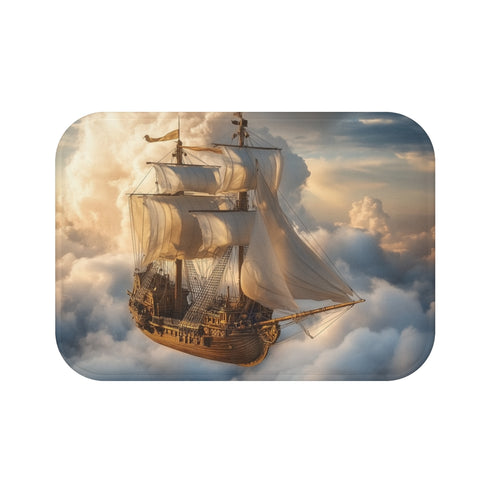 Steampunk Airship Sailing Through Clouds — 61×43 Memory Foam Bath Mat — Top-Down Velvet Microfibre Artwork View