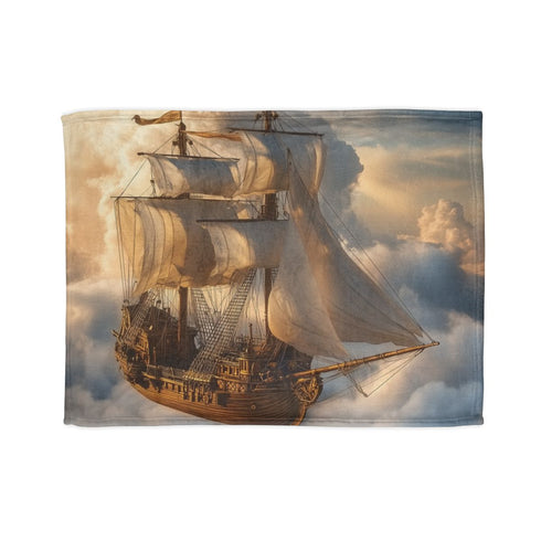 Steampunk Airship Sailing Through Clouds — 50×60 Plush Throw Blanket — Full Flat Artwork View