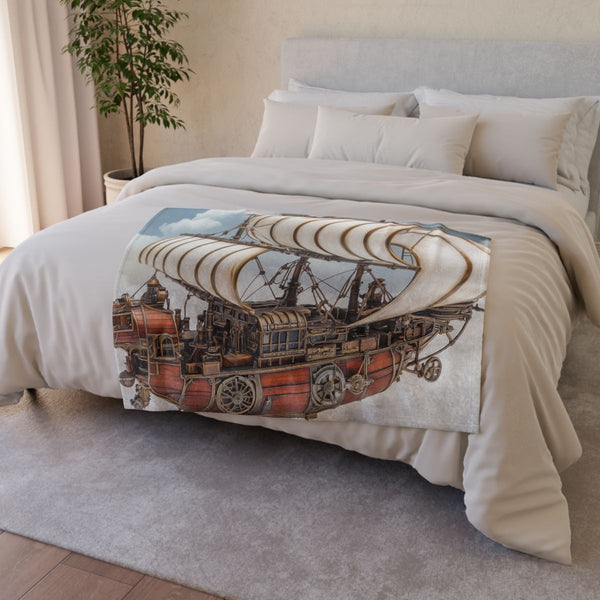 Steampunk Airship Sailing Through Clouds — 50×60 Plush Throw Blanket — Draped Over Sofa & Bed Lifestyle View