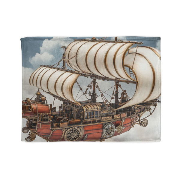 Steampunk Airship Sailing Through Clouds — 50×60 Plush Throw Blanket — Full Spread Plush Fleece Artwork View